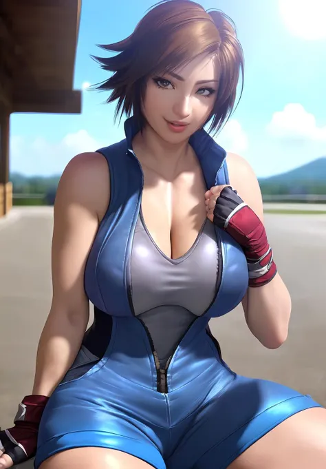 Cute girl, huge breasts, white thin tight outfit, thin legs, spread legs, on a white mat, Asuka Kazama, Asuka Kazama