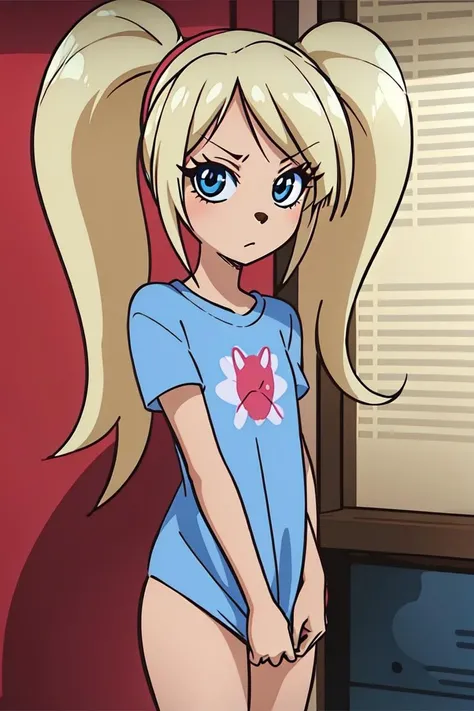 (anime), (illustration), cartoon, detailed, rozbar, 1girl, solo, long hair, looking at viewer, blue eyes, blonde hair, twintails, (furry:1.2), hairband, makeup, nude, <lora:rozbar:0.55>
shirt, naked shirt, shirt tug <lora:shirt_tug:1>