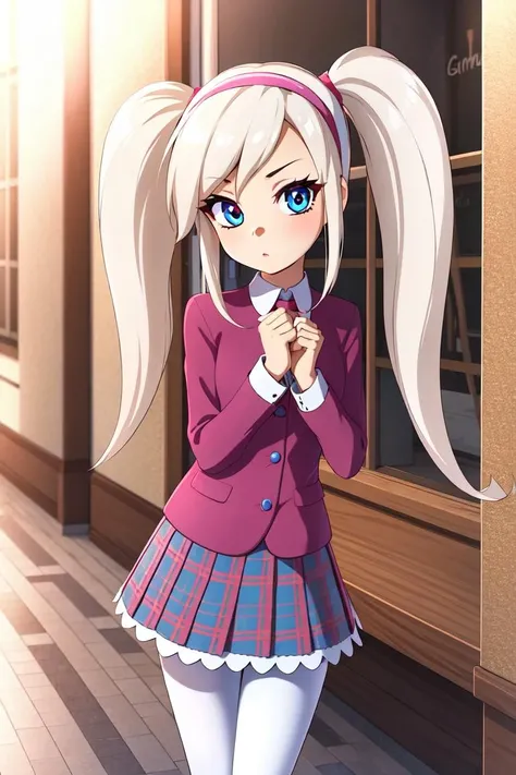 rozbar, 1girl, solo, long hair, looking at viewer, blue eyes, skirt, red eyes, twintails, white hair, hairband, plaid, plaid skirt, furry, white pantyhose, pink hairband <lora:rozbar:0.55>