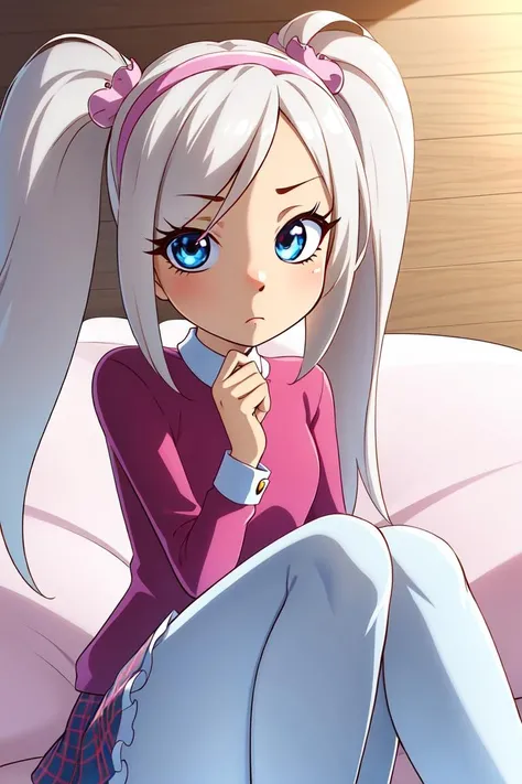 rozbar, 1girl, solo, long hair, looking at viewer,  blue eyes, skirt, red eyes, twintails, white hair, hairband,  plaid, plaid skirt, furry, white pantyhose, pink hairband <lora:rozbar:0.55>