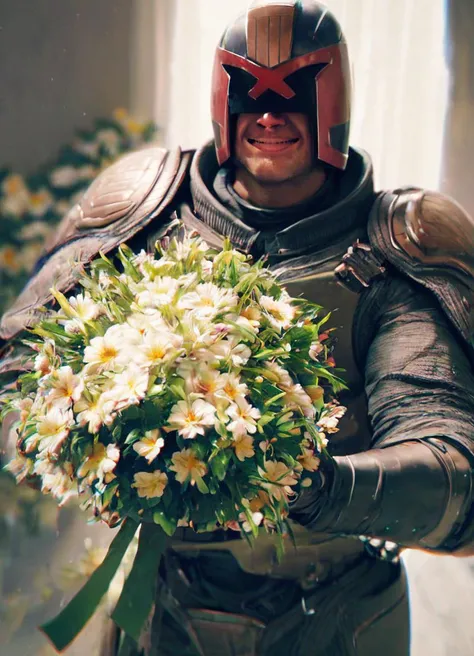 jdgdrdd, man in armor holding a big bouquet of flowers, colorful, helmet, big smile,
<lora:Judge_Dredd_-_2012_Pony_SDXL:0.8>, score_9, score_8_up, score_7_up,