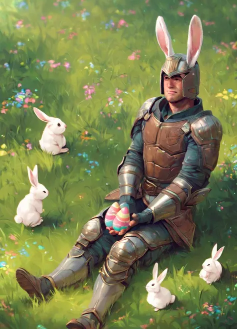 jdgdrdd, man in armor sitting in the grass, surrounded by cute bunnies, easter eggs in the grass,
<lora:Judge_Dredd_-_2012_Pony_SDXL:0.8>, score_9, score_8_up, score_7_up,