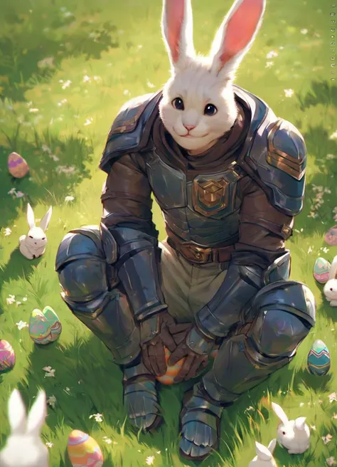jdgdrdd, man in armor sitting in the grass, surrounded by cute bunnies, easter eggs in the grass,
 <lora:Judge_Dredd_-_2012_Pony_SDXL:0.8>, score_9, score_8_up, score_7_up,