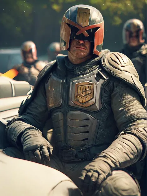 score_9, score_8_up, score_7_up, jdgdrdd, man sitting in a car, helmet, armor,
<lora:Judge_Dredd_-_2012_v2_Pony_SDXL:0.8>