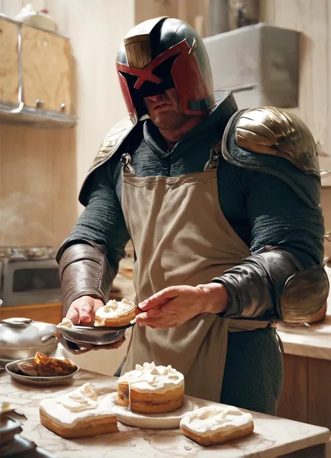 score_9, score_8_up, score_7_up, jdgdrdd, man with helmet and armor wearing an apron, in the kitchen baking a cake, utensils, pots and pans, stove, flour,
<lora:Judge_Dredd_-_2012_v2_Pony_SDXL:0.8>