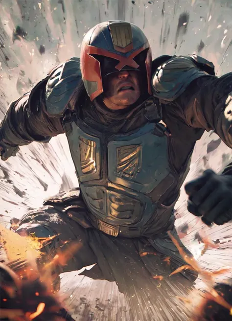 score_9, score_8_up, score_7_up, jdgdrdd, epic battle scene, man, gunfight, helmet armor, sparks, motion blur, in motion,
<lora:Judge_Dredd_-_2012_v2_Pony_SDXL:0.8>