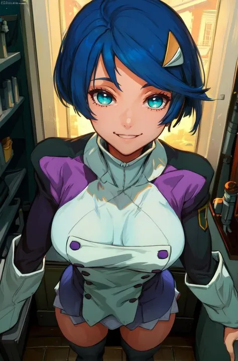 scheris,blue hair,aqua eyes,hair ornament,medium hair,
uniform,thighhighs,long sleeves,
smile,standing,
science fiction,
(insanely detailed, beautiful detailed face,beautiful detailed eyes, masterpiece, best quality),<lora:scheris:0.8>,