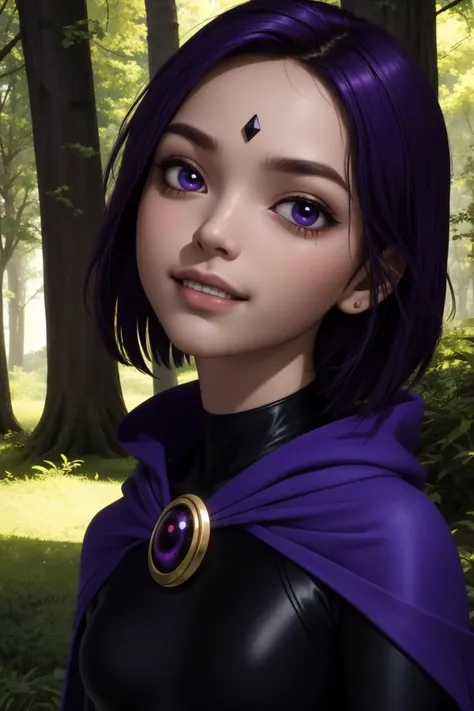 raven, 1girl, solo, purple eyes, purple hair, short hair, colored skin, grey skin, forehead jewel,
black leotard, long sleeves, belt, purple cape,
smile,closed mouth,portrait,
forest,outdoor,
(insanely detailed, beautiful detailed face, masterpiece, best quality) cinematic lighting,<lora:Raven_v3:1>, <lora:more_details:0.3>,