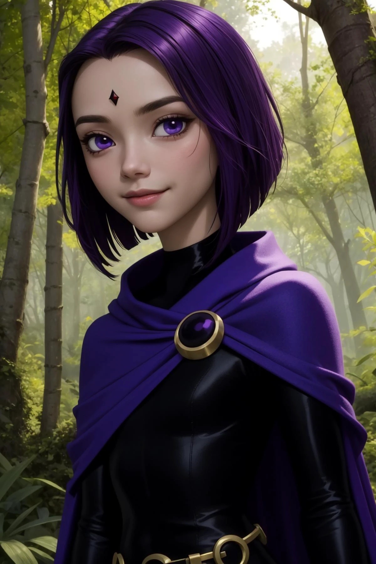 raven, 1girl, solo, purple eyes, purple hair, short hair, colored skin, grey skin, forehead jewel,
black leotard, long sleeves, belt, purple cape,
smile,closed mouth,portrait,
forest,outdoor,
(insanely detailed, beautiful detailed face, masterpiece, best quality) cinematic lighting,<lora:Raven_v3:1>, <lora:more_details:0.3>,