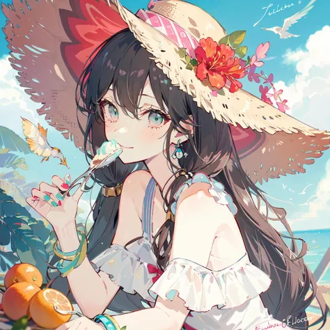 (masterpiece:1.2), best quality,PIXIV,Sweet girl portrait,Elaina,
1girl, solo, hat, food, jewelry, long hair, flower, fruit, ice cream, earrings, looking at viewer, spoon, nail polish, off shoulder, bracelet, signature, table, parfait, black hair, bangs, bare shoulders, ring, red flower, hibiscus, hat flower, upper body, cherry, brown headwear, straw hat, orange (fruit), aqua eyes, aqua nails, strawberry, closed mouth, cup, green eyes, smile, holding, brown hair, swimsuit, elbows on table, shirt
<lora:Sweet girl portrait_20231030170647-000018:0.8>