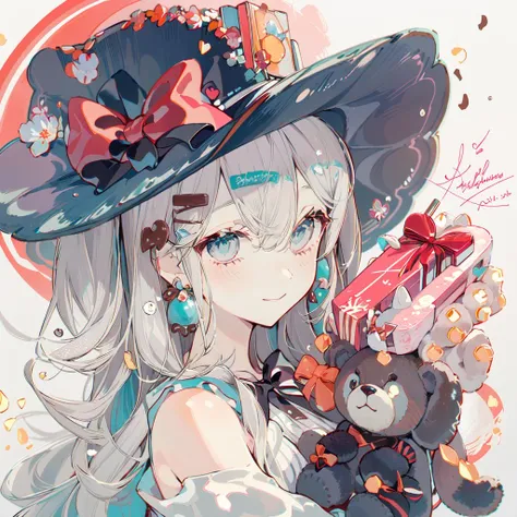 (masterpiece:1.2), best quality,PIXIV,Sweet girl portrait,
1girl, teddy bear, stuffed animal, stuffed toy, solo, holding, hat, holding stuffed toy, heart, bow, hair ornament, signature, earrings, jewelry, upper body, striped, hairclip, looking at viewer, hat bow, closed mouth, bangs, bare shoulders, hair between eyes, tattoo, box, black headwear, grey hair, striped bow, gift, blue eyes, red background, valentine, chocolate, ribbon, braid, nail polish, shirt, wrist cuffs, gift box, black bow, off shoulder, two-tone background, vertical stripes, hair rings, smile, long hair
<lora:Sweet girl portrait_20231030170647-000018:1>