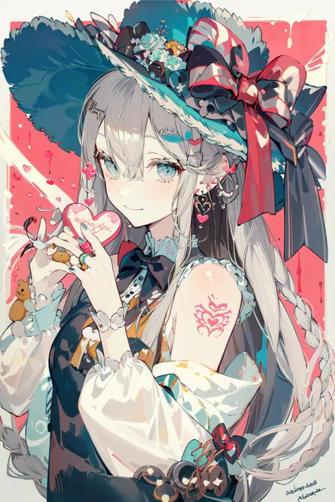 (masterpiece:1.2), best quality,PIXIV,Sweet girl portrait,
1girl, teddy bear, stuffed animal, stuffed toy, solo, holding, hat, holding stuffed toy, heart, bow, hair ornament, signature, earrings, jewelry, upper body, striped, hairclip, looking at viewer, hat bow, closed mouth, bangs, bare shoulders, hair between eyes, tattoo, box, black headwear, grey hair, striped bow, gift, blue eyes, red background, valentine, chocolate, ribbon, braid, nail polish, shirt, wrist cuffs, gift box, black bow, off shoulder, two-tone background, vertical stripes, hair rings, smile, long hair
<lora:Sweet girl portrait_20231030170647-000018:1>
