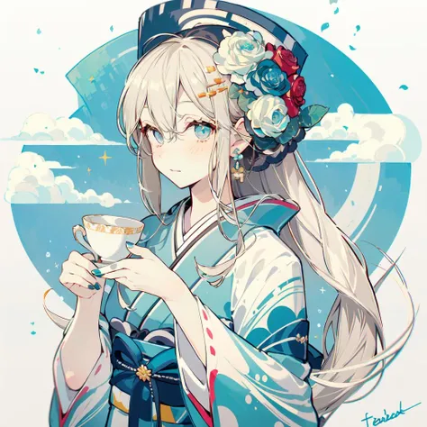 (masterpiece:1.2), best quality,PIXIV,Sweet girl portrait,
1girl, solo, japanese clothes, kimono, flower, cup, hair ornament, teacup, sash, holding, obi, hair flower, hat, earrings, blue kimono, teapot, jewelry, blue eyes, upper body, bangs, long hair, rose, nail polish, tea, blue flower, blue nails, holding cup, frills, white flower, bow, blue headwear, looking at viewer, wide sleeves, saucer, braid, hair bun, signature, floral print, long sleeves, sidelocks, hair between eyes
<lora:Sweet girl portrait_20231030170647-000018:1>