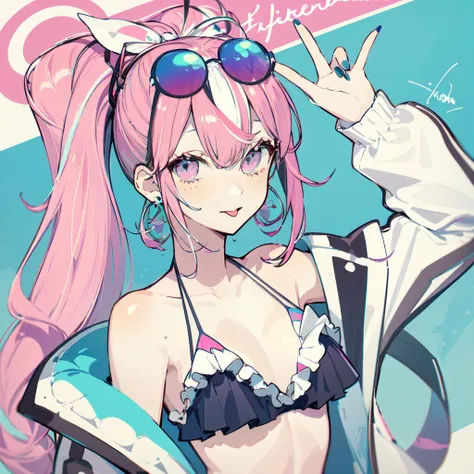 (masterpiece:1.2), best quality,PIXIV,Sweet girl portrait,
1girl, solo, tongue out, ice cream, long hair, tongue, pink hair, eyewear on head, jewelry, earrings, multicolored hair, frills, food, jacket, bangs, off shoulder, blue eyes, long sleeves, looking at viewer, nail polish, upper body, sunglasses, swimsuit, blue nails, frilled bikini, bare shoulders, white jacket, bikini, black bikini, open clothes, open jacket, multicolored eyes, streaked hair, :p, two-tone hair, purple eyes, signature
 <lora:Sweet girl portrait_20231030170647-000018:1>