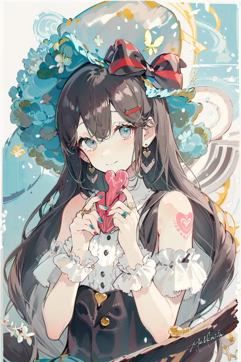 (masterpiece:1.2), best quality,PIXIV,Sweet girl portrait,
1girl, teddy bear, stuffed animal, stuffed toy, solo, holding, hat, holding stuffed toy, heart, bow, hair ornament, signature, earrings, jewelry, upper body, striped, hairclip, looking at viewer, hat bow, closed mouth, bangs, bare shoulders, hair between eyes, tattoo, box, black headwear, grey hair, striped bow, gift, blue eyes, red background, valentine, chocolate, ribbon, braid, nail polish, shirt, wrist cuffs, gift box, black bow, off shoulder, two-tone background, vertical stripes, hair rings, smile, long hair
<lora:Sweet girl portrait_20231030170647-000018:1>