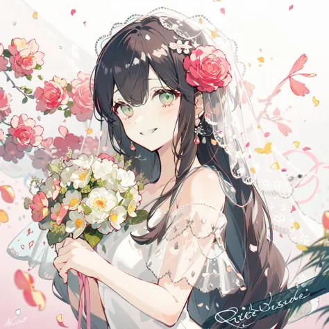 (masterpiece:1.2), best quality,PIXIV,Sweet girl portrait,
1girl, solo, flower, veil, bouquet, dress, smile, pink flower, brown hair, holding, holding bouquet, wedding dress, bridal veil, looking at viewer, blush, bare shoulders, white dress, grin, signature, off shoulder, hair ornament, petals, grey eyes, rose, upper body, pink rose, white background, off-shoulder dress, branch, hair flower, white flower, bangs, bride, green eyes, collarbone
<lora:Sweet girl portrait_20231030170647-000018:1>