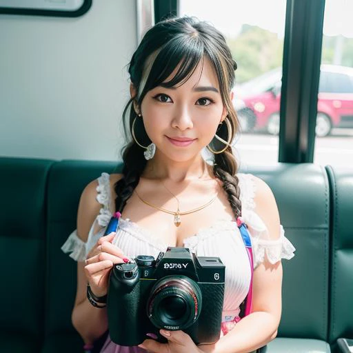 erica, tvb, kawaii, woman, artist, instagram, photographed using Sony A9 II (Mirrorless Camera), by photographer, photorealistic, (photorealistic:1.2), masterpiece, best quality, depth of field, detailed face, face focus, (looking at viewer:1.9), shiny skin, smile, blurry background,double braid, wearing watch, handbag, on the bus, holding nintendo switch