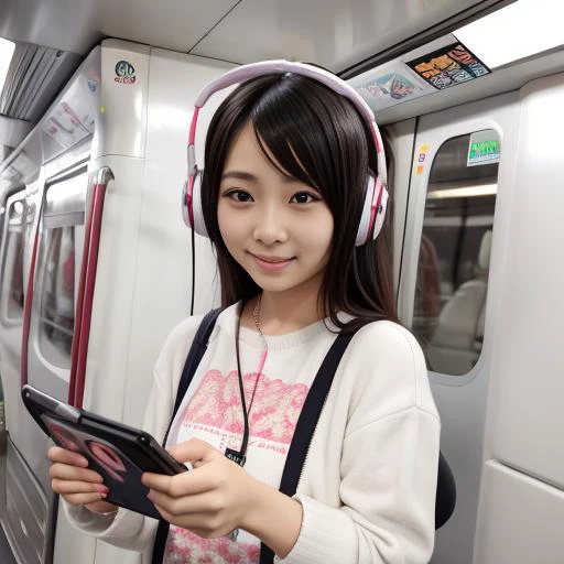mtr, kawaii, woman, instagram, by photographer, photorealistic, masterpiece, best quality, depth of field, blurry background, standing, detailed face, face focus, holding nintendo switch
, wearing wireless headphone