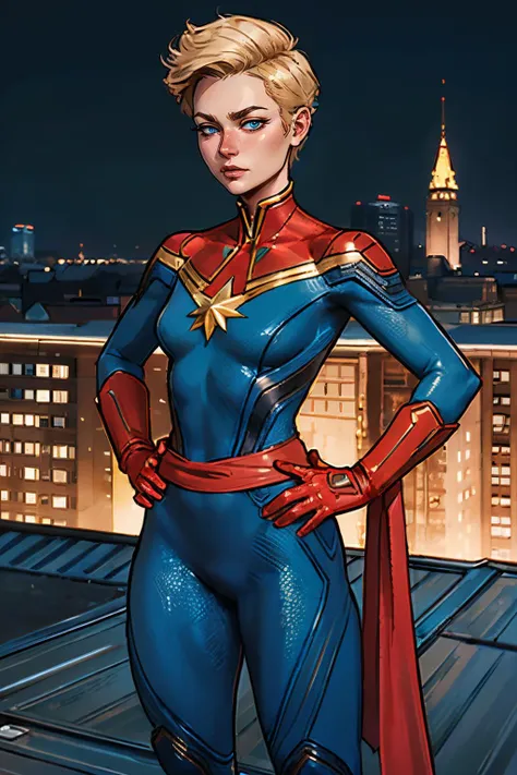 captianmarvel,short blonde hair, blue eyes, blue body suit, red sash, red gloves, looking at viewer, serious, standing, hands on hips, outside, cityscape, on building roof, night time, high quality, masterpiece,  <lora:CaptianMarvel:.6>