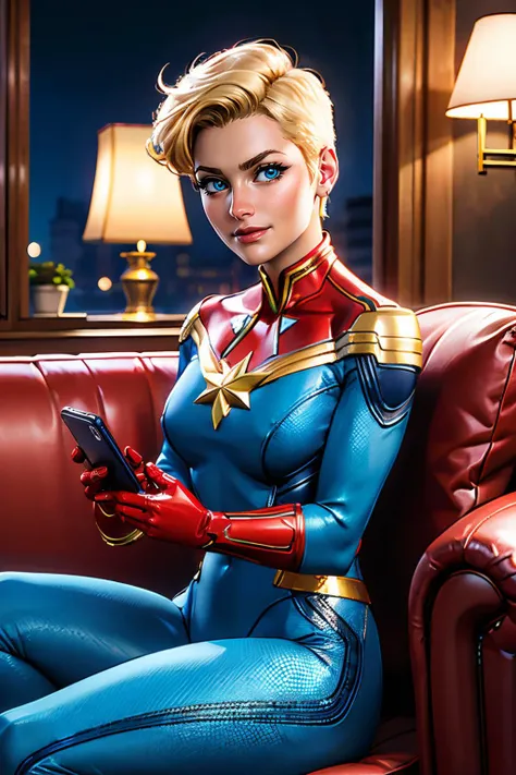 captianmarvel,short blonde hair, blue eyes, medium breasts, blue body suit, red sash, red gloves, looking at viewer, serious, smiling, sitting, on large sofa, holding cell phone, inside cozy living room, lamp, night time, high quality, masterpiece, <lora:CaptianMarvel:.6>