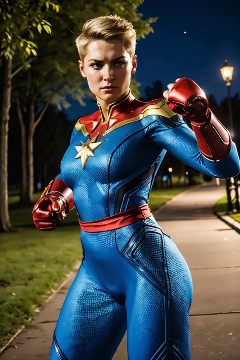captianmarvel,short blonde hair, blue eyes, blue bodysuit, red sash, red gloves, looking at viewer, serious, fighting pose, fists, outside, park, trees, night time, high quality, masterpiece <lora:CaptianMarvel:.6>