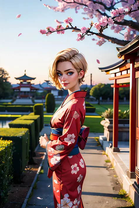 captianmarvel,short blonde hair, blue eyes, traditional kimono, sash, long sleeves, looking at viewer, serious, smiling, side view, standing, under tree, cherry blossom, garden, sunset, red torii, high quality, masterpiece, <lora:CaptianMarvel:.6>