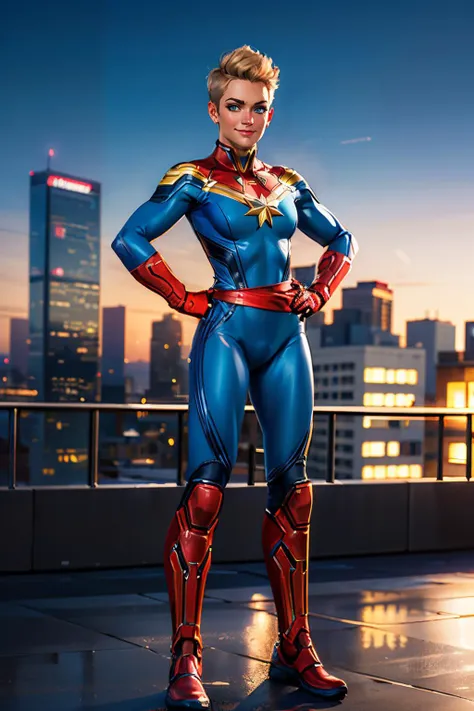 captianmarvel,short blonde hair, blue eyes, medium breasts, blue body suit, red sash, red gloves,red boots, looking at viewer, smiling, full body shot, standing, hands on hips, outside, cityscape, on building roof, night time, high quality, masterpiece, <lora:CaptianMarvel:.6>