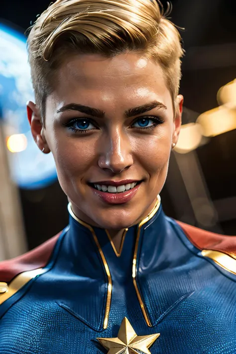 captianmarvel,short blonde hair, blue eyes, blue bodysuit, looking at viewer, smiling, close up, space, stars, galaxy, high quality, masterpiece  <lora:CaptianMarvel:.6>