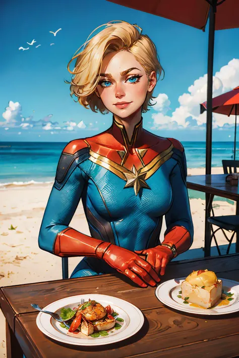 captianmarvel,short blonde hair, blue eyes, blue body suit, red gloves, looking at viewer, serious, smiling, sitting, upper body shot, outside, patio, cafe, beach, table full of food, crab, glass of cola, sunny, high quality, masterpiece,  <lora:CaptianMarvel:.6>