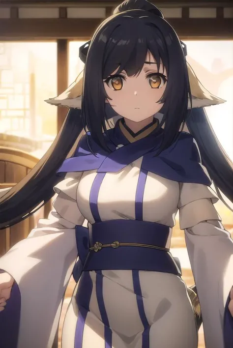 utawarerumonokuon, <lora:utawarerumono kuon s2-lora-nochekaiser:1>,
kuon, long hair, black hair, hair ornament, animal ears, (brown eyes:1.5), very long hair, ponytail, low-tied long hair,
BREAK tail, robe, long sleeves, capelet, wide sleeves,
BREAK outdoors,
BREAK looking at viewer, (cowboy shot:1.5),
BREAK <lyco:GoodHands-beta2:1>, (masterpiece:1.2), best quality, high resolution, unity 8k wallpaper, (illustration:0.8), (beautiful detailed eyes:1.6), extremely detailed face, perfect lighting, extremely detailed CG, (perfect hands, perfect anatomy),