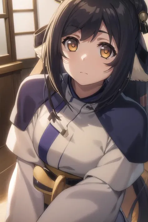 utawarerumonokuon, <lora:utawarerumono kuon s2-lora-nochekaiser:1>,
kuon, long hair, black hair, hair ornament, animal ears, (brown eyes:1.5), very long hair, ponytail, low-tied long hair,
BREAK tail, robe, long sleeves, capelet, wide sleeves,
BREAK outdoors,
BREAK looking at viewer, (cowboy shot:1.5),
BREAK <lyco:GoodHands-beta2:1>, (masterpiece:1.2), best quality, high resolution, unity 8k wallpaper, (illustration:0.8), (beautiful detailed eyes:1.6), extremely detailed face, perfect lighting, extremely detailed CG, (perfect hands, perfect anatomy),