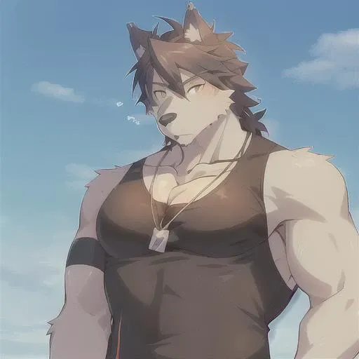 <lora:Kouya:.55> kouya morenatsu wolf muscular male pecs, tank top, dog tag, handsome face! solo, speedo, ((bulge)), mature male <lora:Shirako:.8> shirako