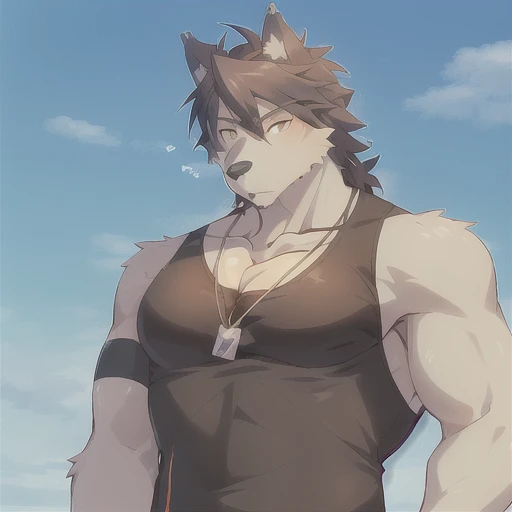 <lora:Kouya:.55> kouya morenatsu wolf muscular male pecs, tank top, dog tag, handsome face! solo, speedo, ((bulge)), mature male  <lora:Shirako:.8> shirako