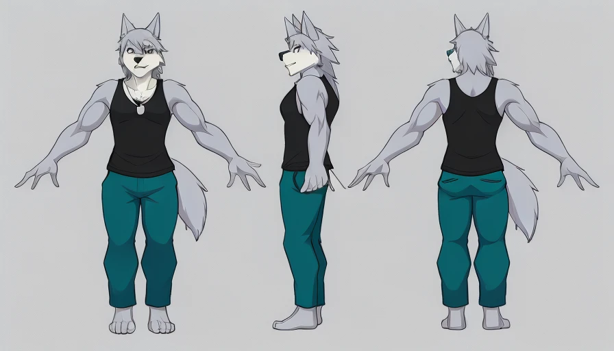 <lora:Kouya v6:.6> Kouya, Tank Top, Pants, Dog Tags, Armbands, model sheet,