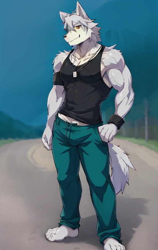<lora:Kouya v6:.6> kouya pants tank top armbands dog tags, muscular male, handsome face!, standing in the rain on the side of a road
