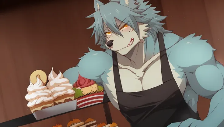 <lora:Kouya:.8> kouya wolf cooking cupcake , food, Cyan naked apron, bokeh kitchen background, solo, 1boy, muscular male, angry, mad, rage (close-up) back