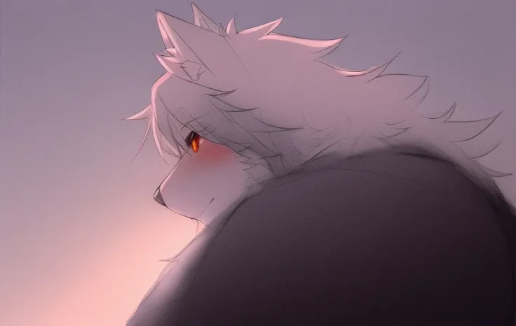 <lora:Kouya:.8> kouya wolf  ((low-angle view, looking down)) blush, pinned to wall,  sketch, lineart, pink monochrome, bokeh background, backlit, rimlighting, looking at viewer, first person view, foreshortening