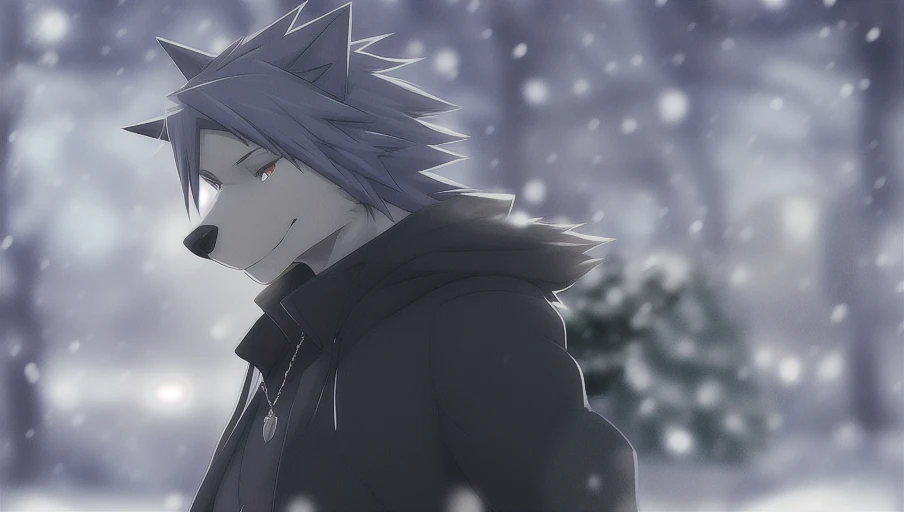 kouya ((furry anthro wolf canine)), uploaded to e621, by (wizzikt), (1boy, solo), masterpiece, masterwork, painterly, illustration, handsome, manly, masculine, gray fur, two tone body, winter, winter coat, thick sweater, snow, (park), cinematic lighting, romantic, fur lined clothing, christmas lights, pinup, fluffy, dog tags, present, christmas present, holding object, frost, bokeh