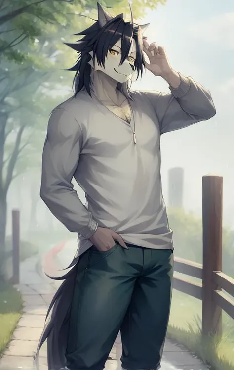 masterpiece <lora:Kouya v2:1> kouya standing in the rain in a sweater and jeans