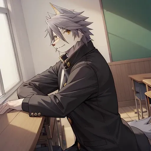 masterpiece <lora:Kouya v2:1>, kouya <lora:gakuran_v10:1> wearing the gakuran, golden buttons, leaning against wall classroom looking at viewer, desk
