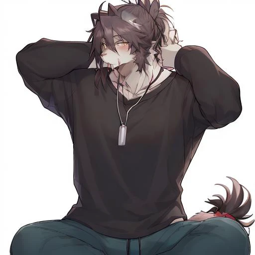 masterpiece <lora:Kouya v2:.8> kouya tying up hair, (hair tie in mouth), furry, <lora:HairTieInMouth v0-2:.8> tired, sleepy, looking at viewer, medium hair, backlighting, furry husky canine, <lora:Wasp v1:0.8> in the style of wasp, yellow eyes, (detailed eyes)