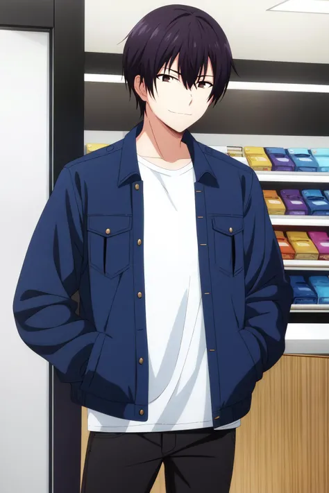 masterpiece, best quality, amane_fujimiya, 1boy, solo, upper body, black hair, brown eyes, smug, closed mouth, casual, blue jacket, open jacket, white t-shirt, black pants, hands in pockets, inside store,