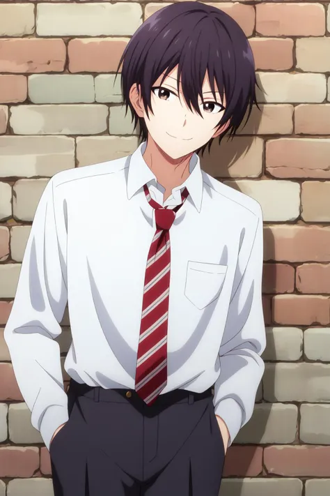 masterpiece, best quality, amane_fujimiya, portrait, upper body, standing, against wall, brick wall, looking at viewer, black hair, brown eyes, smug, closed mouth, dress shirt, red striped necktie, grey pants, hands in pockets,