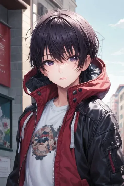 masterpiece, best quality, ultra-detailed, illustration, 1boy, solo, male focus, looking at viewer, , , <lora:amane_fujimiya:0.70>, amane_fujimiya, , jacket