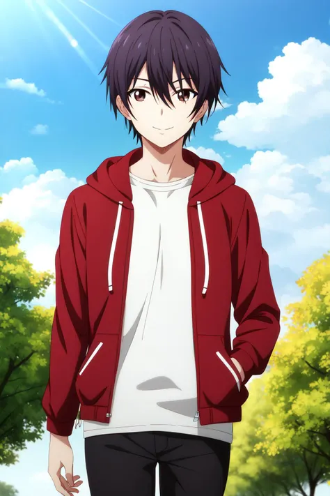 masterpiece, best quality, amane_fujimiya, solo, upper body, walking, looking at viewer, black hair, brown eyes, light smile, casual, red hooded jacket, open jacket, t-shirt, black pants, park, tree, sky, cloud,