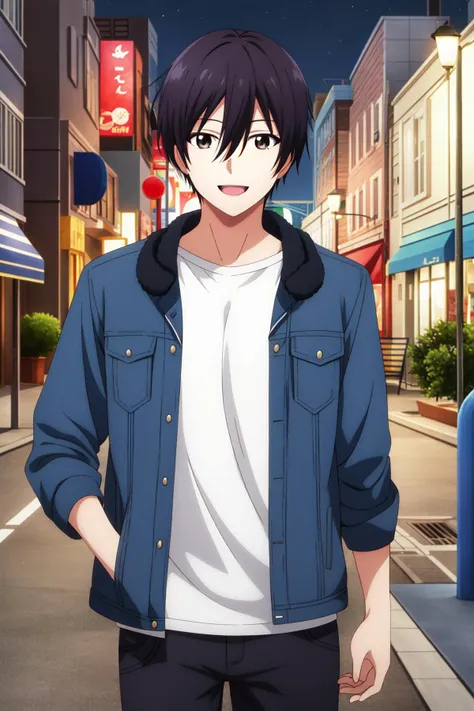 masterpiece, best quality, amane_fujimiya, 1boy, solo, upper body, walking, black hair, brown eyes, happy, smile, casual, blue jacket, open jacket, white t-shirt, black pants, city, night, street,