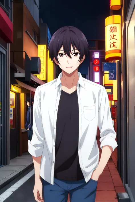 masterpiece, best quality, amane_fujimiya, 1boy, solo, upper body, walking, looking at viewer, black hair, brown eyes, light smile, (casual, layered clothes, white collared shirt, (open shirt), black t-shirt), blue pants, hand in pocket, arm at side, city, night, street, neon lights,
