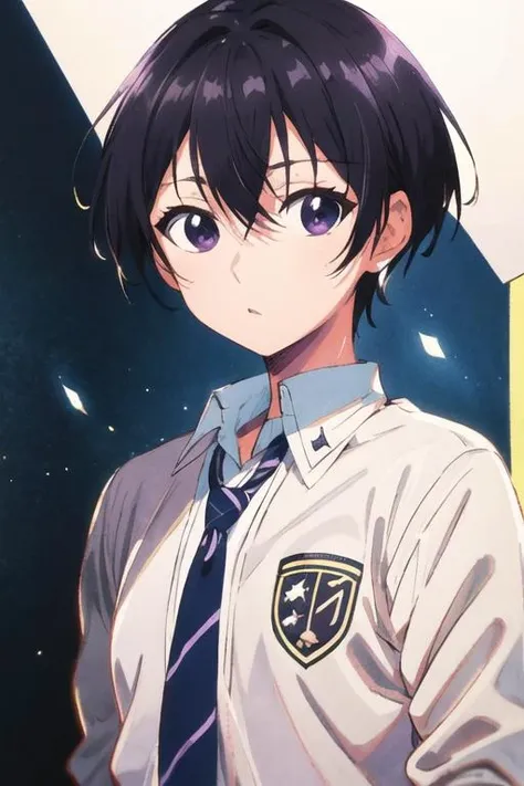 masterpiece, best quality, ultra-detailed, illustration, 1boy, solo, male focus, looking at viewer, upper body, , <lora:amane_fujimiya:0.72>, amane_fujimiya, black hair, purple eyes, school uniform