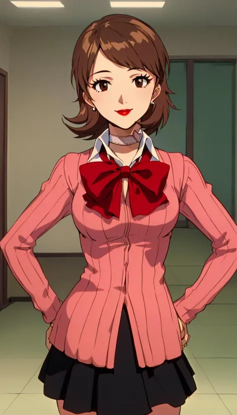 evangelion anime style, anime screencap, 1990s_\(style\), ((masterpiece)), (best quality), (ultra-detailed), depth of field, sharp focus, illustration, 1girl, solo, ((takebadef, brown hair, brown eyes)), long eyelashes, lipstick, detailed face seductive smiling, (school uniform, cardigan, bow, skirt, choker, earrings), beautiful mature+ woman, standing, cowboy shot, looking at viewer, indoors, hands on hips, ((correct composition)) <lora:persona3_takeba_v2-12:1>, <lora:evangelion_anime_style_offset:0.8>