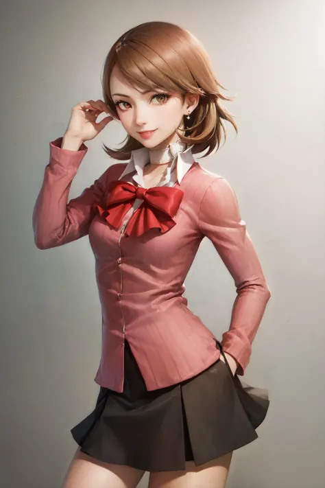 (masterpiece, best quality:1.2), <lyco:persona3_takeba-13:1.0>, cowboy shot, solo, 1girl, takeba yukari, smile, looking at viewer, hand in own hair, gekkoukan high school uniform, cardigan, bow, skirt, jewelry, earrings, choker